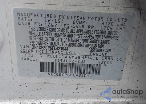 2015 Nissan Versa Note S (Sr)/S Plus/Sl/Sr/Sv z USA, uszkodzony, nr VIN 3N1CE2CP6FL421044